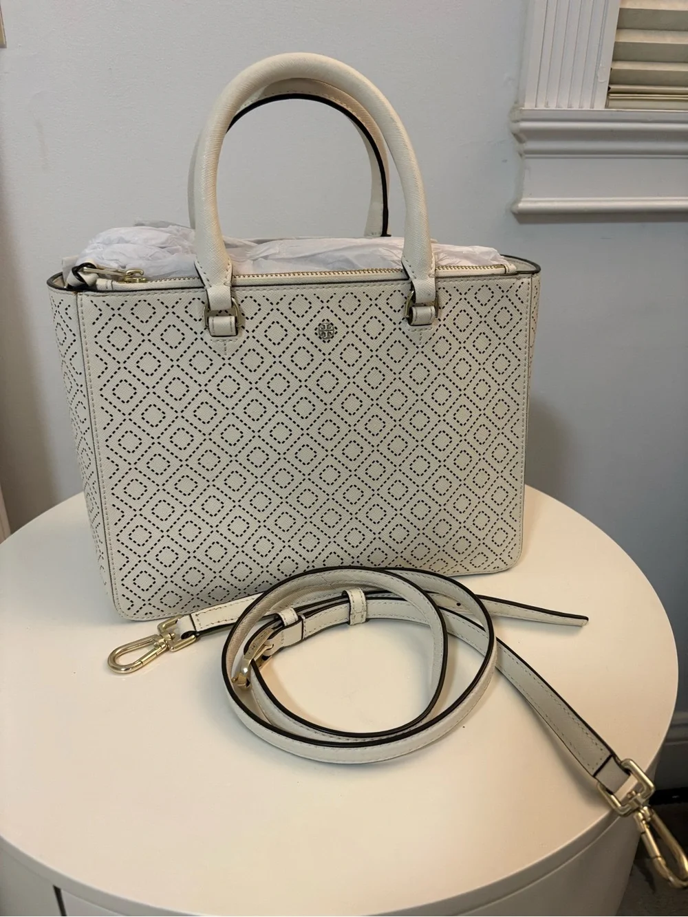 Tory Burch White Perforated Top-Handle Satchel Bag with Detachable Strap